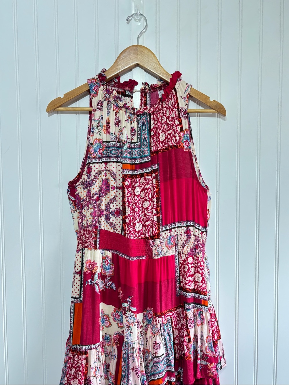 Lapis Patchwork Boho Tiered Ruffle Midi Dress Pink Floral Size Large - Picture 3 of 16